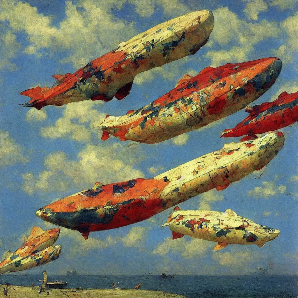 Image similar to two huge colorful flying zepplins shaped like fish, from below, 1905, colorful highly detailed oil on canvas, by Ilya Repin