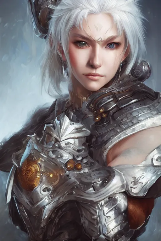 Image similar to A realistic anime portrait of a white haired female barbarian wearing an intricate armor, digital painting, by Stanley Artgerm Lau, Sakimichan, WLOP and Rossdraws, digtial painting, trending on ArtStation, SFW version