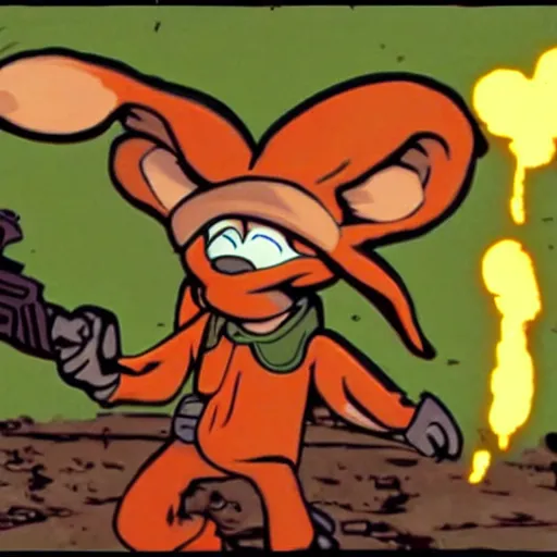 Image similar to Elmer Fudd from Loony Tunes in Doom, wearing green armor and helmet, killing demons, Bugs Bunny, rip and tear, video game