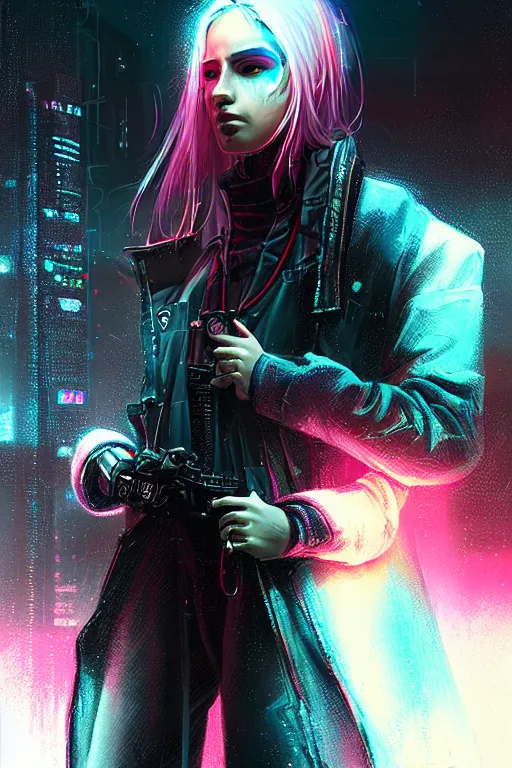 Image similar to portrait futuristic trustworthy cyberpunk young female Gunslinger, in futuristic stormy heavy snowy tokyo rooftop cyberpunk night, ssci-fi, fantasy, intricate, very very beautiful, elegant, neon light, highly detailed, digital painting, concept art, human anatomy, soft light, hdri, smooth, sharp focus, illustration, art by tian zi and craig mullins and WLOP and alphonse mucha