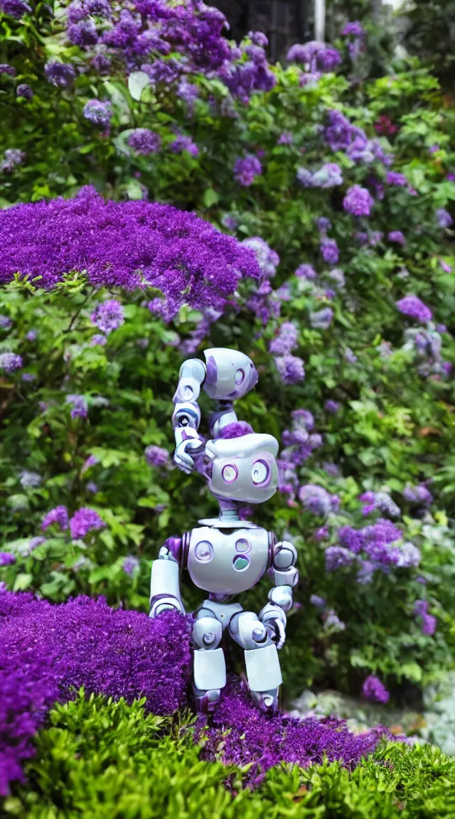 Prompt: toy robot in a garden, hyper detailed, sharp focus, bokeh, unreal engine, ray tracing, cute, fantasy, sci fi, purple flowers, tiny, small, hyper realistic