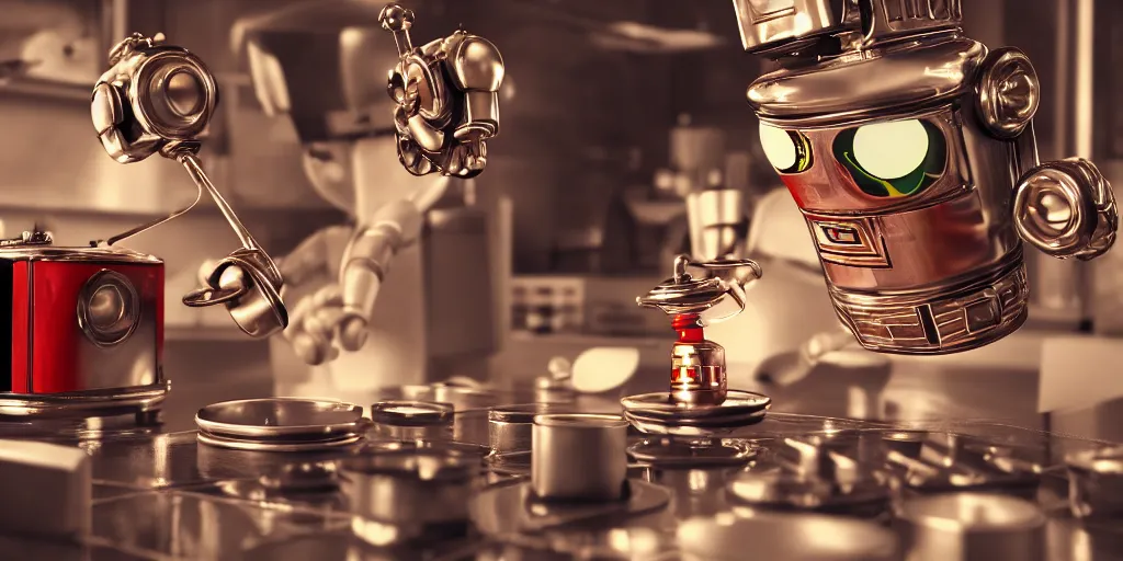 Image similar to closeup portrait of tin toy retro robot chef mixing chemicals cooking pastry in a kitchen, depth of field, zeiss lens, detailed, centered, fashion photoshoot, by nicoletta ceccoli, mark ryden, lostfish, breathtaking, 8 k resolution, extremely detailed, beautiful, establishing shot, artistic, hyperrealistic, octane render