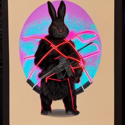 Prompt: portrait of rabbit with UV neon fur holding a machine gun , 8k, highly detailed, sharp, realistic, in style of Brom