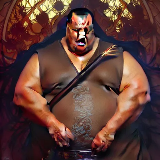 Prompt: Big Chungus Obese Steven Seagal, fantasy, intricate, elegant, highly detailed, digital painting, artstation, concept art, matte, sharp focus, illustration, art by Artgerm and Greg Rutkowski and Alphonse Mucha