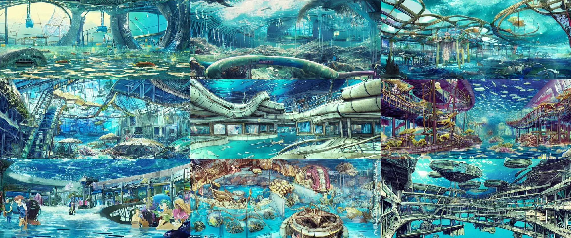Prompt: detailed interior of giant underwater marine theme park LeMU, Erste Boden, completely flooded, destroyed, submerged, ruined, wrecked, anime key visual