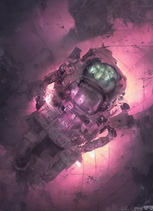 Image similar to pink concept art by craig mullins astronauts in futuristic dark and empty spaceship underwater. complex and hyperdetailed technical suit. mandelbulb fractal. reflection and dispersion materials. rays and dispersion of light. volumetric light. 5 0 mm, f / 3 2. noise film photo. flash photography. octane render. interstellar movie art