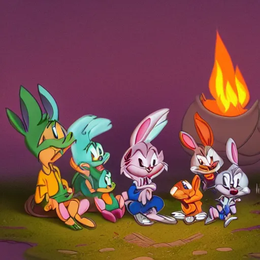 Image similar to full body portrait of (Esmerelda Tiny Toons (1990)) sitting around a campfire telling stories with her friends, in style Goro Fujita, 3D, UE5, ultra high textures, dark vignette, burning embers, nostalgic, muted colors, desaturated, volumetric, slightly drunk, candy rush, autochrome, tranquil, starry night, marshmallows, s'mores, 4K, 8K, HQ