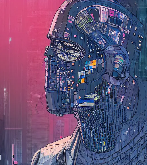 Prompt: a cyberpunk man with a glitching patchwork face of various people, techwear, Industrial Scifi, detailed illustration, character portrait, by Martin Grip and Moebius