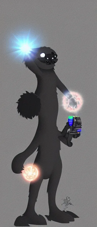 Image similar to “ furry monster character holding laser gun, floating alone, with a black dark background, digital art, award winning, trending on art station ”