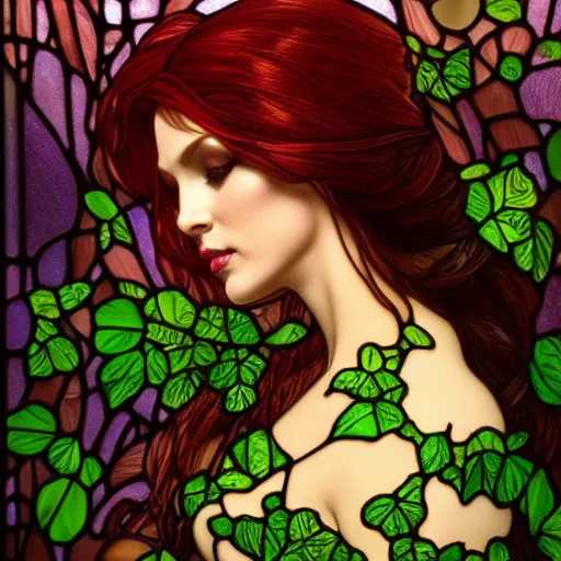 Prompt: a stunning stained glass window of ariel dressed as a beautiful poison ivy with hair tied in a braid, dark eyeliner, intricate, elegant, highly detailed, digital painting, artstation, concept art, sharp focus, illustration, art by jugendstil and greg rutkowski and alphonse mucha