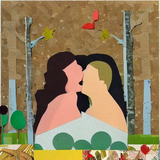 Prompt: paper collage art made of cut up magazines depicting two women kissing happily in a forest