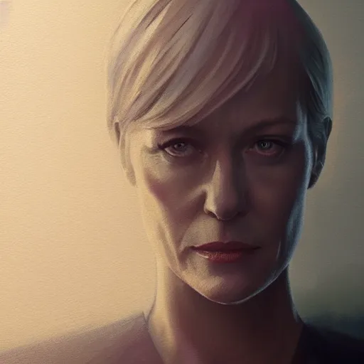 Image similar to painting of claire underwood in house of cards tv show, in the style of fenghua zhong and ruan jia and jeremy lipking and peter mohrbacher, mystical colors, rim light, beautiful lighting, 8 k, stunning scene, raytracing, octane, trending on artstation