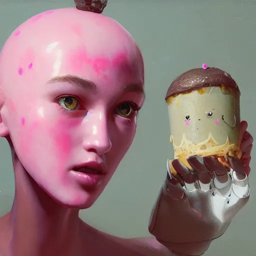 Image similar to an insanely detailed portrait of a pretty humanoid robot showing the viewer a pink icecream, artstation greg rutkowski, cinematic, hyperrealist, digital art