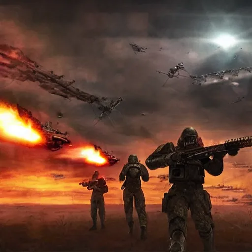 Prompt: science - fiction futuristic apocalyptic war scene with explosions, soldiers shooting