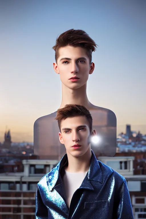 Image similar to un ultra high definition studio quality photographic art portrait of a young man standing on the rooftop of a british apartment building wearing soft baggy inflatable padded silver iridescent pearlescent clothing. three point light. extremely detailed. golden ratio, ray tracing, volumetric light, shallow depth of field. set dressed.