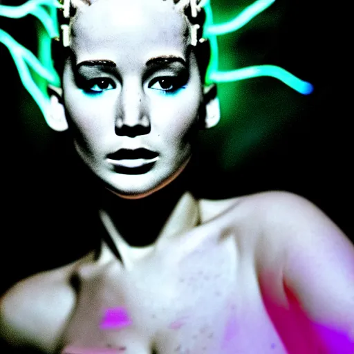 Image similar to jennifer lawrence as the bride of frankenstein, macro photography, glowing retinas, vaporwave