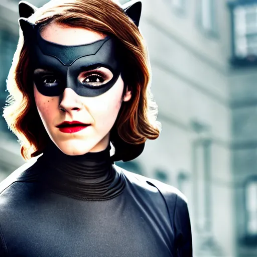 Prompt: Emma Watson as Catwoman, XF IQ4, 150MP, 50mm, f/1.4, ISO 200, 1/160s, natural light, Adobe Lightroom, photolab, Affinity Photo, PhotoDirector 365