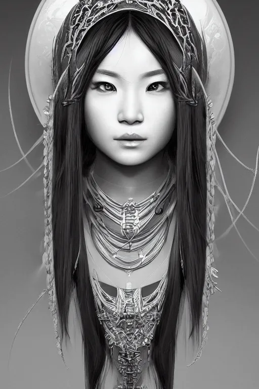 Prompt: a portrait of an asian goddess, detailed, realistic eyes, symmetry features proportions, intricate facial details, cybertech wear, award winning, trending in cgsociety artstation deviant art