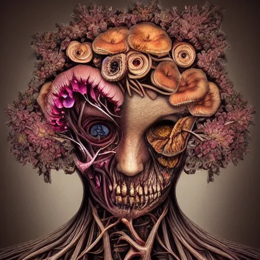 Prompt: a beautiful detailed photo of a rotten woman corpse morphing into fractal plants and fractal flowers and mushrooms, muscles, veins, anatomical, intricate, ornate, volumetric light, beautiful lit, romero ressendi