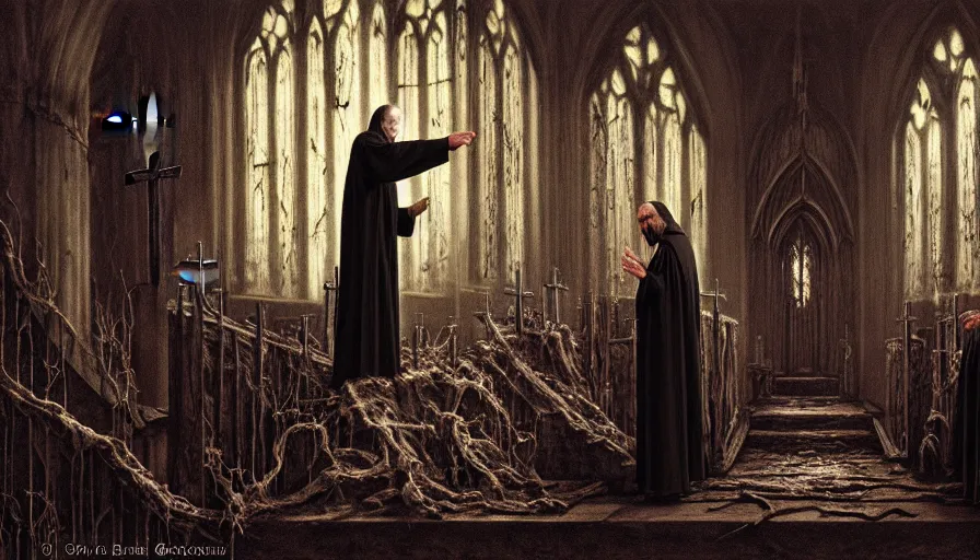 Prompt: dark rotting priest conducts rite of baptism, death church, blood, crosses, religion, death, fear, horror, ultra realistic, hyperrealism, fine details, detailed and intricate environment, by barlowe, by wayne, by gigger, 4 k