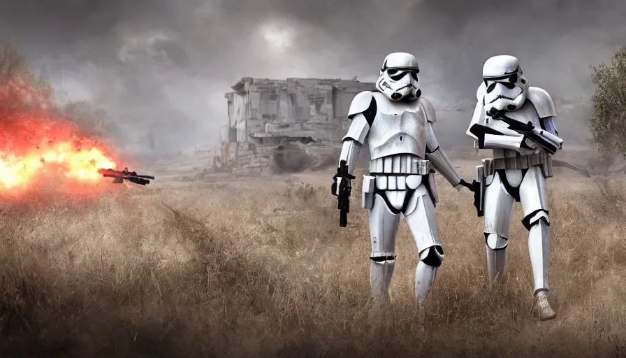 Image similar to Photorealistic Rendering of a Stormtrooper in World War!! 2 on a battlefield between ruins, Wallpaper, Hyperdetailed, Raytraced, Haze, Style of Claude Monet