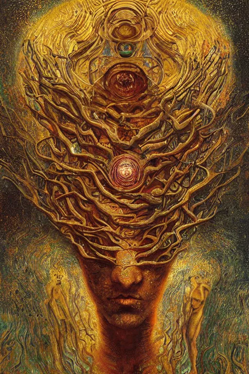 Image similar to Visions of Hell by Karol Bak, Jean Deville, Gustav Klimt, and Vincent Van Gogh, visionary, otherworldly, fractal structures, ornate gilded medieval icon, third eye, spirals