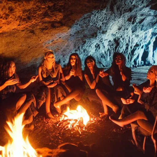 Image similar to a witches coven around a fire in a cave