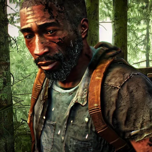 Prompt: TLOU The Last Of Us Screenshot tupac shakur from The Last Of Us full body model tupac shakur very rusty very worn out very torn texture