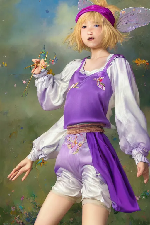 Image similar to Full View fairy maiden with short blond hair wearing an oversized purple Beret, Baggy Purple overall shorts, Short Puffy pants made of silk, silk shoes, a big billowy scarf, Golden Ribbon, and white leggings Covered in stars. covered in embroidery. Short Hair. peasant magic. Rhythmic gymnastics poses. masterpiece 4k digital illustration by Ruan Jia and Mandy Jurgens and Artgerm and william-adolphe bouguereau and greg rutkowski , award winning, Artstation, art nouveau aesthetic, Alphonse Mucha background, intricate details, realistic, panoramic view, Hyperdetailed, 8k resolution, intricate art nouveau