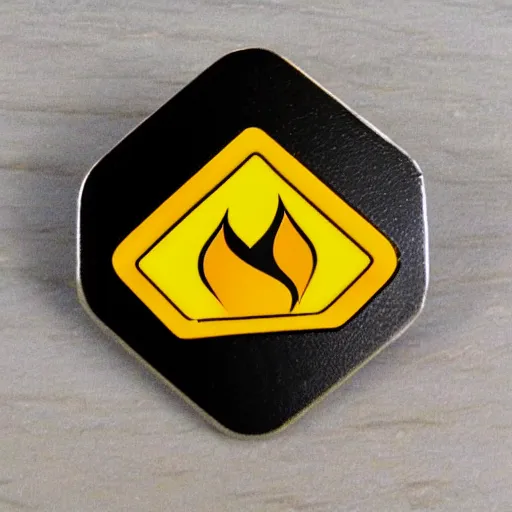 Image similar to a retro minimalistic rhombus enamel pin of a retro minimalistic clean fire warning label, smooth curves