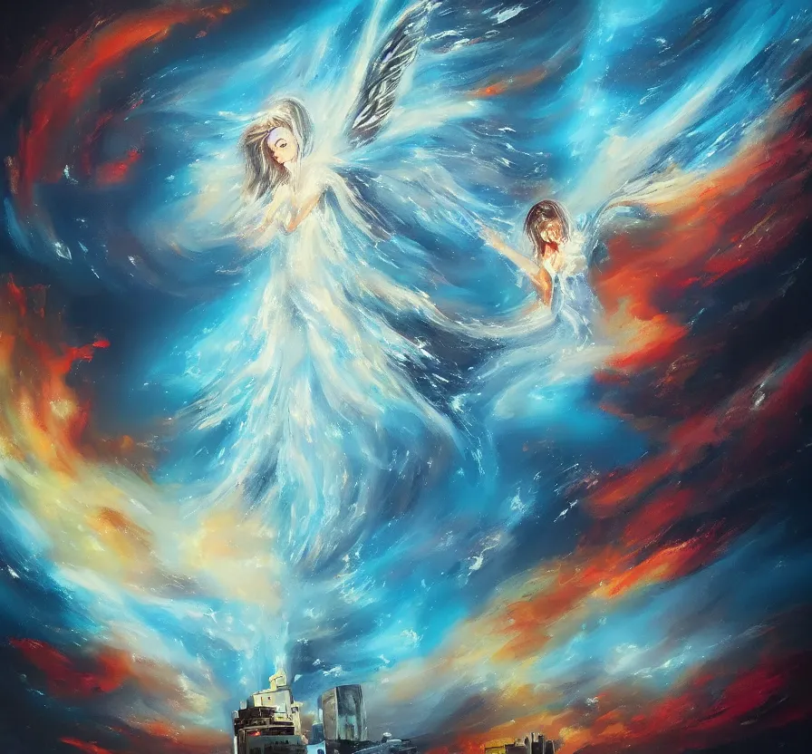 Image similar to nuclear explosion in form of angel, dark colors, acrilic paint, brush paint, heavenly atmosphere, paint, ultra detailed, beautiful image, resolution, artstation
