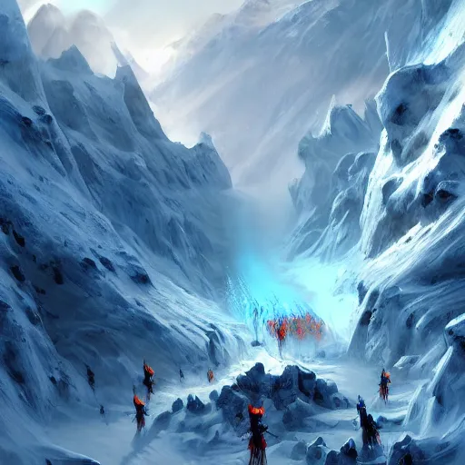 Prompt: snow army war, blue glacier volcano eruption, blue glacier volcano eruption, blue liquid and snow, snow army war, war armies under the mountain, ice cold blue theme, bright masterpiece artstation. 8 k, sharp high quality artwork in style of jose daniel cabrera pena and greg rutkowski, concept art by tooth wu, blizzard warcraft artwork, hearthstone card game artwork