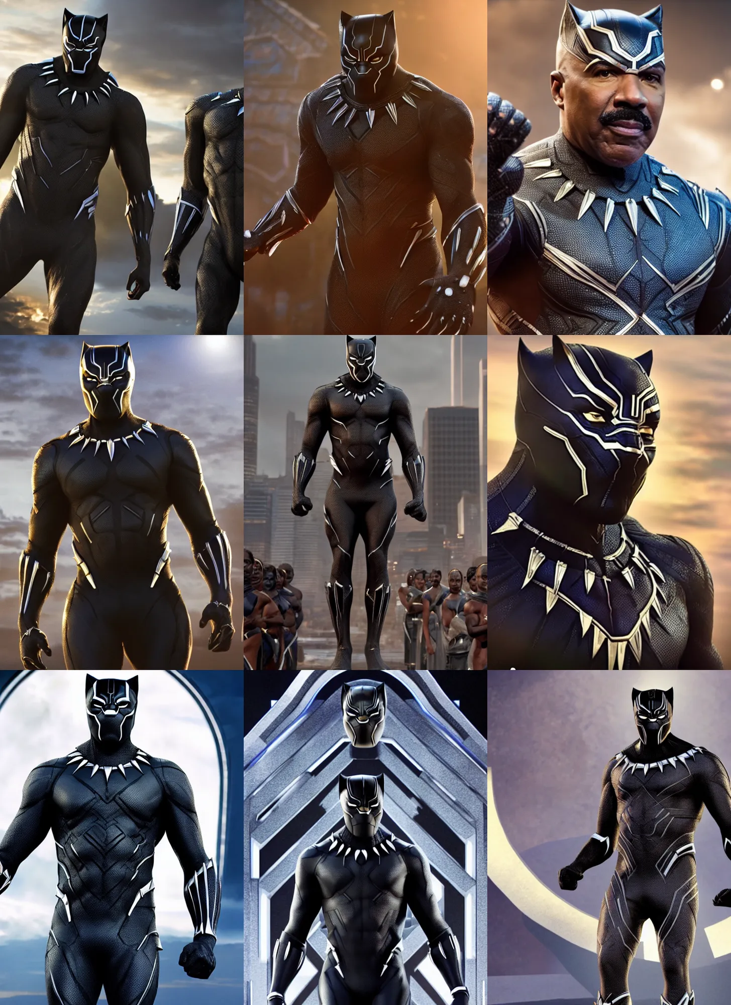 Prompt: a movie still of steve harvey as black panther, no mask, concept art, detailed clothing, art station, dynamic lighting, 8 k hdr movie still