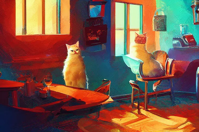 Image similar to a digital art of a cat sits on a chair in a bar in the afternoon, the sun shines in, animal, light effect, highly detailed, by anton fadeev