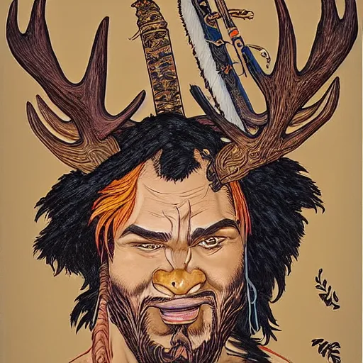 Prompt: hairy barbarian with moose head by mw kaluta and kehinde wiley