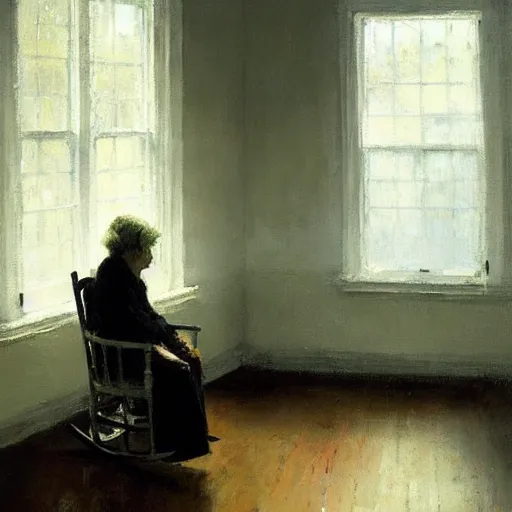 Image similar to lonely old woman sitting alone on rocking chair, painting by jeremy mann