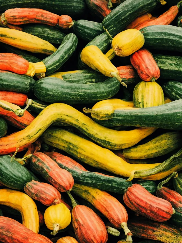 Prompt: photorealistic squash variety, farmer's market setting, vivid colors, soft lighting, atmospheric, cinematic, 8k