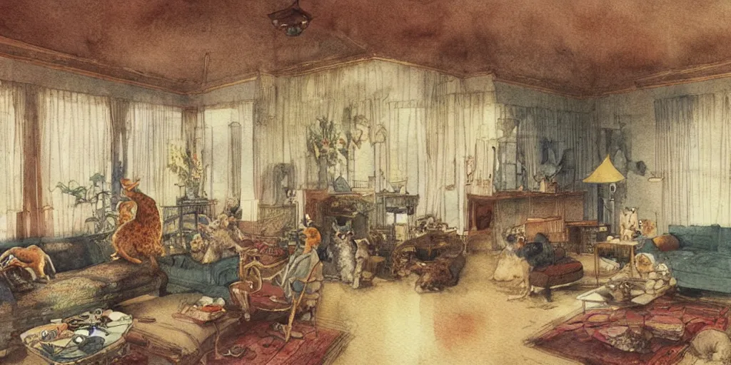 Prompt: a hiper intricate watercolor of a beatiful modern indoor living room with cats, extremely detailed, sharp focus, wide view, smooth, digital illustration, colorfull, by william turner art, by greg rutowski, by carl larson, by edmund dulac