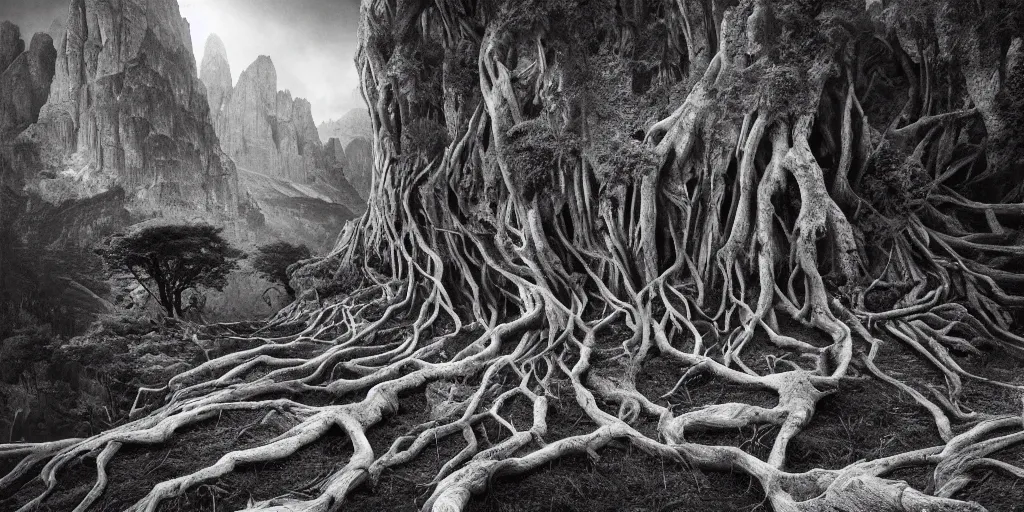 Image similar to ego perspective photography roots sprawling, climbing, forest, dolomites, alpine, detailed intricate insanely detailed octane render, 8k artistic 1920s photography, photorealistic, black and white, chiaroscuro, hd, by David Cronenberg, Raphael, Caravaggio