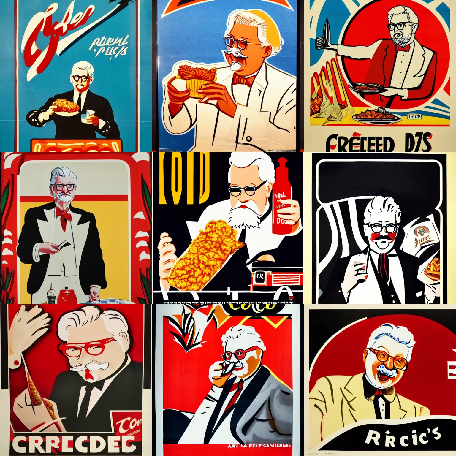 Prompt: art deco railway poster of colonel sanders eating fried chicken