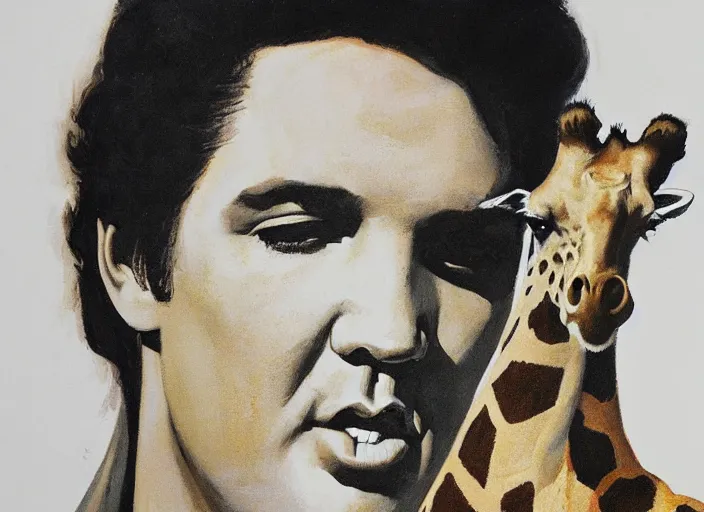 Prompt: a highly detailed beautiful portrait of elvis presley with a giraffe, by gregory manchess, james gurney, james jean