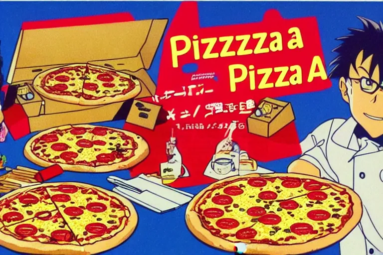 Image similar to pizza, 80s, advertisement, anime, explosion!!!!!!