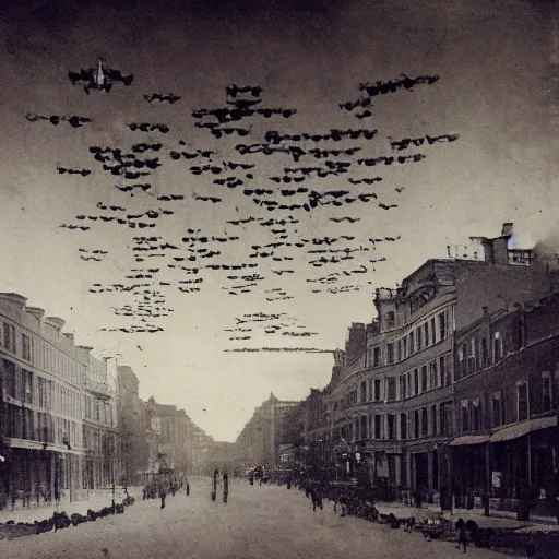 Prompt: grainy 1800s photo of a city street with flying machines above