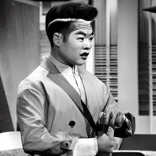 Prompt: an asian guys in a 1960 bastman costume tv show