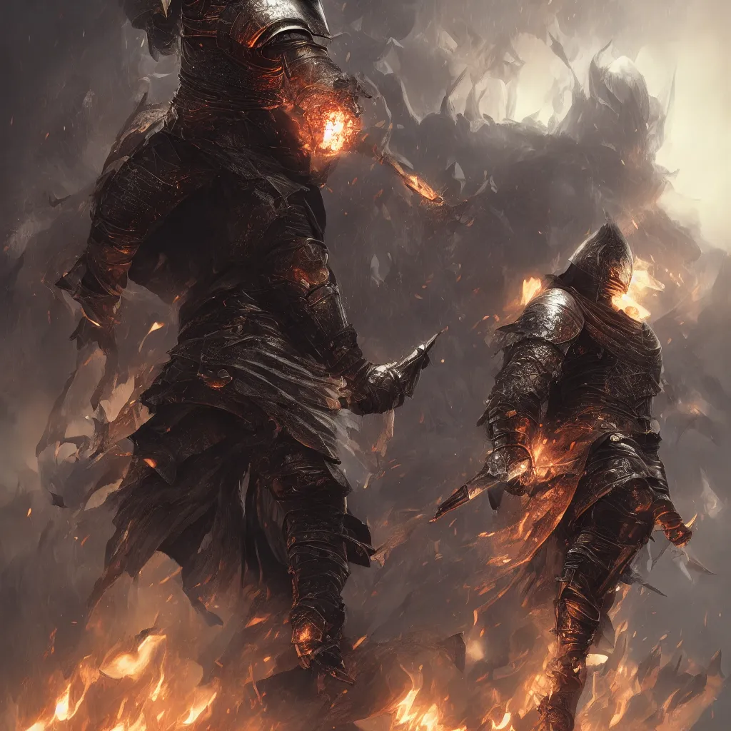 Prompt: dark souls knight, full body, award winning, fire embers, highly detailed, sharp focus, cinematic lighting, unreal engine 5, octane render, art by wlop and artgerm and greg rutkowski, masterpiece, trending on artstation, 8 k