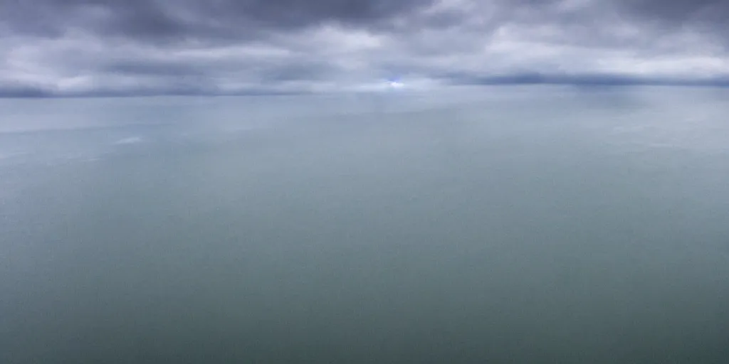 Image similar to ultra wide angle aerial photograph over lake erie, grey clouds, stormy, water spouts, creepy