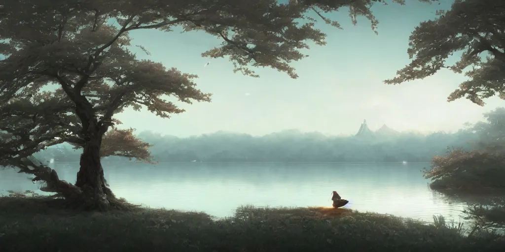 Image similar to a single sakura tree upon a lake, viewed from a distance, stephen bliss, unreal engine, illustration, fantasy art by greg rutkowski, loish, rhads, ferdinand knab, makoto shinkai and lois van baarle, ilya kuvshinov, rossdraws, tom bagshaw, global illumination, radiant light, minimalist, detailed and intricate environment