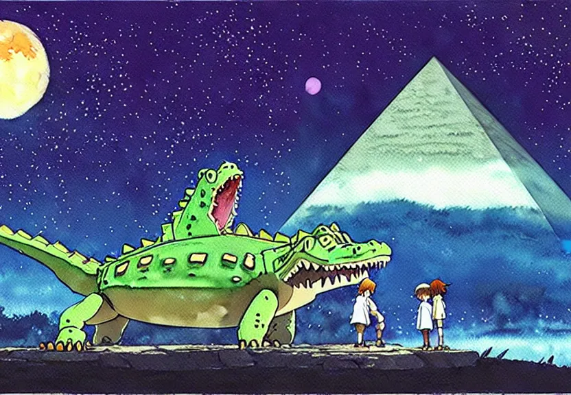 Image similar to a hyperrealist watercolor concept art from a studio ghibli film showing a giant mechanized crocodile from howl's moving castle ( 2 0 0 4 ). a pyramid is under construction in the background, in the rainforest on a misty and starry night. a ufo is in the sky. by studio ghibli