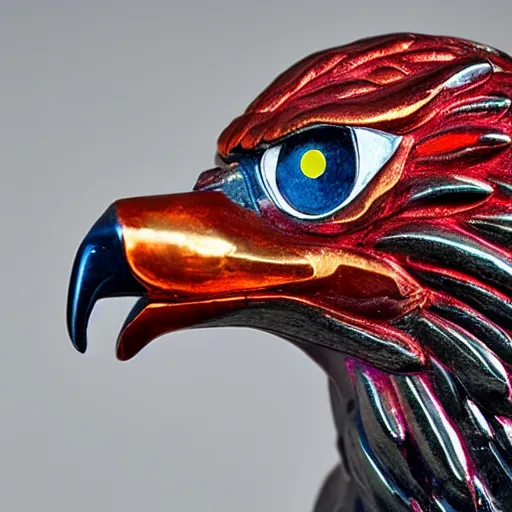 Prompt: silver eagle statue with glowing red eyes