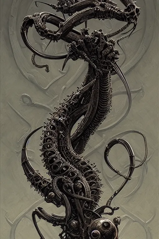 Image similar to masterpiece, infernal caduceus serpent staff, doom, elegant majestic, art by h. r. giger, greg rutkowski, josan gonzalez, alexey egorov, biomechanical, alchemy, monogram